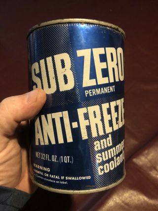 RARE Vintage SUB - ZERO ANTIFREEZE CAN anti - freeze 1 Quart.  Tin Can Gas & Oil Can 2