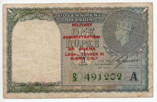 1940 British India 1 Rupee King George Vi Jones Burma Milatary Overprint Rare