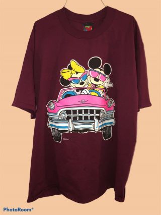 Vtg 90s Mickey Minnie Mouse Pink Cadillac T Shirt Disney Unlimited Xl Rare