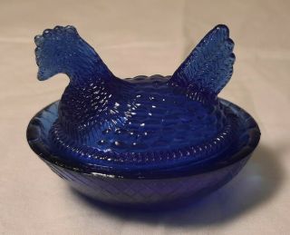 Rare Vintage Cobalt Blue Small Glass Hen Chicken On A Nest Dish Salt Cellar Bowl
