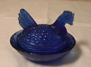 Rare Vintage Cobalt Blue Small Glass Hen Chicken on a Nest Dish Salt Cellar Bowl 2