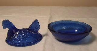 Rare Vintage Cobalt Blue Small Glass Hen Chicken on a Nest Dish Salt Cellar Bowl 3