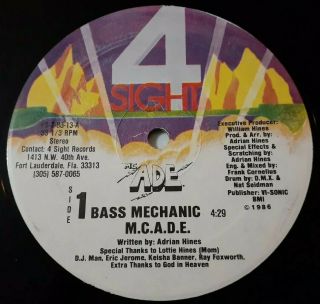 M.  C.  A.  D.  E.  - Bass Mechanic 12 " Single - 1987 4 Sight - Miami Bass Vg,  Mc Ade Rare