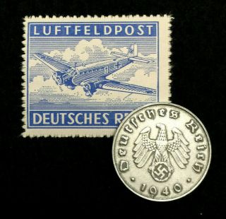 Old Wwii German War Ten Rp Coin & Rare Luftfeldpost Stamp World War 2 Artifacts