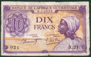 French W Africa P29 1943 10 Francs Vf Rare