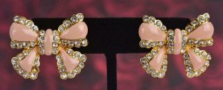 Cute & Rare Joan Rivers Gold W Pink Enamel Crystal Ribbon Bow Post Earrings