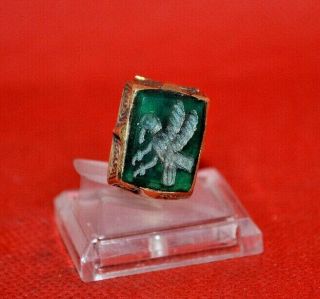 Rare Ancient Roman Silver Signet Eagle Seal Ring Intaglio Carnelian Green Stone