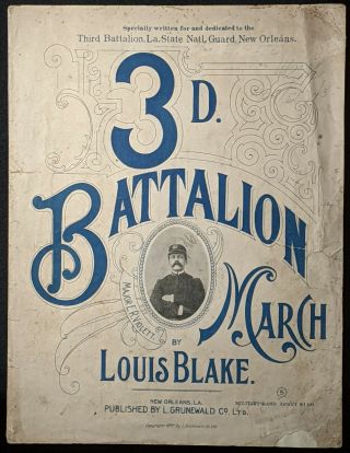 1897 3d.  Batallion March Antique Orleans Sheet Music Photo Illustrated Rare