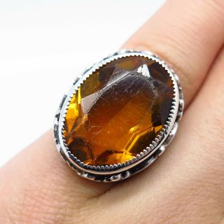 Rare Antique Art Deco 925 Sterling Silver Citrine Gem Handcrafted Ring Size 4