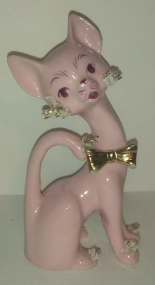 Rare Vintage Ceramic Pink Kitty Cat Gold Bow Statue As Is: Broken Spaghetti Part
