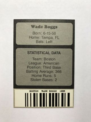 RARE Wade Boggs 1989 Main Street Baseball Card Game with Bar Code Sticker 2