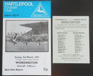 Hartlepool V Workington - 1973/74 - Division 4,  Rare Sunday Teamsheet