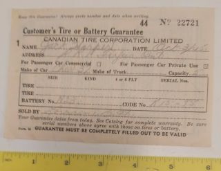 Rare (fergus,  On) " Canadian Tire Corp.  - Tire/battery Guarantee " Form - 1945