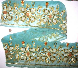 Vintage Antique Border Sari Trim Lace Rare Old 1.  5 Ft N1 Pista Gold Sequins