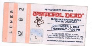 Rare Grateful Dead 12/1/94 Denver Co Mcnichols Arena Mail Order Ticket Stub