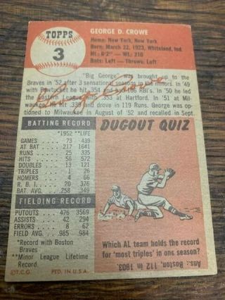 1953 Topps Baseball Cards 3 George Crowe - Boston Braves Rare Vintage 2