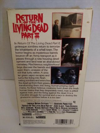 RETURN OF THE LIVING DEAD PART 2 II VHS 1987 Horror Cult Classic Movie Rare 2