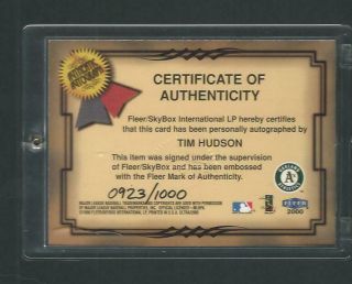 1999 Fleer Ultra Fresh Ink Tim Hudson Athletics RC On card Auto Rare SP 923/1000 2