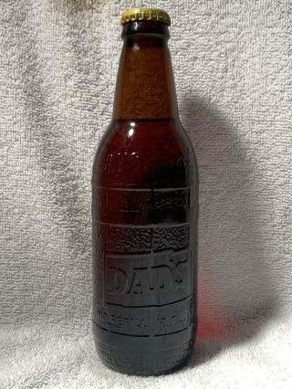 Rare Full 12oz Dad’s Red Creme Soda No Deposit Embossed Amber Soda Bottle
