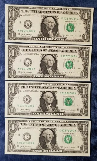 4 Us $1 Sequential Notes Paper Money Misalign Error Collectable Collectors Rare