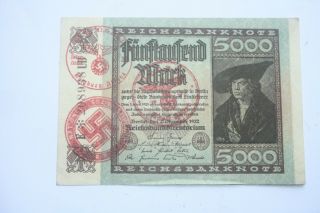 1 X Germany Banknote 5,  000 Marks.  3 Different Nsdap Stamps In Red.  Very Rare.