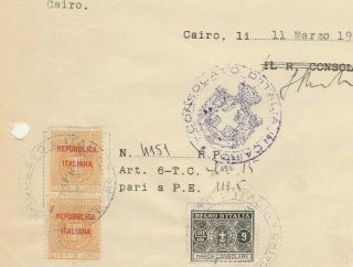 Italy - Egypt Rare Consular Revenues Over Print Tied Consult Certificate Cairo1948