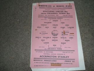 Rare Southend United V Swansea Town Reserves Football Combination 2nd Nov 1959