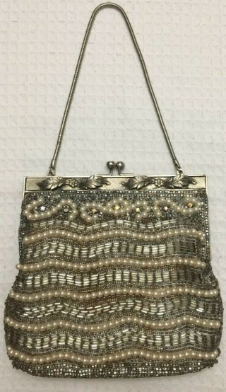 Rare Antique Vintage Beaded Purse Handbag W/pearls And Metal Frame