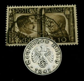 Rare Old Wwii German War 10 Reichspfennig Coin & V Rare Wwii 10 Cent Stamp