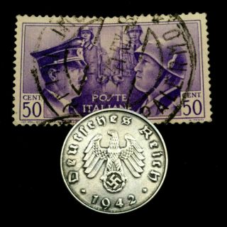 Rare Old Wwii German War 10 Reichspfennig Coin & V Rare Wwii 50 Cent Stamp