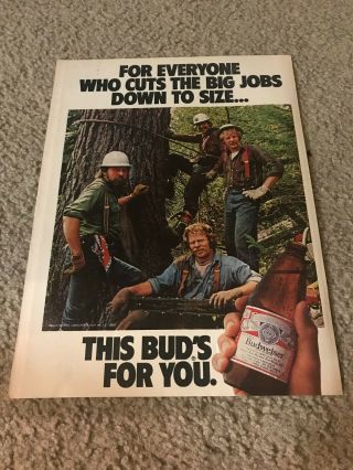 Vintage 1981 Budweiser Bud Beer Poster Print Ad Lumberjacks 1980s Rare