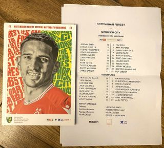 Extremely Rare Nottingham Forest V Norwich City Programme & Team Sheet 17th Mar