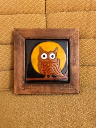 Rare Vintage Framed Ceramic Owl Tile Real Wood Frame