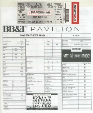 Dave Matthews 6/16/18 Camden Nj Ticket,  Rare Venue Data Sheet