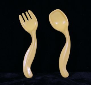 Rare Plastic Yellow Curved Infant Baby Feeding Fork & Spoon Set