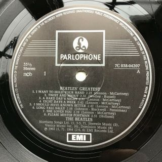 THE BEATLES ' Greatest LP 1979 Sweden Parlophone 7C 038 - 04207 Rare hi - hat Intro 2