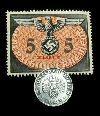 Rare Old Wwii German War 1 Rp Coin & 5 Zolty Stamp World War 2 Artifacts
