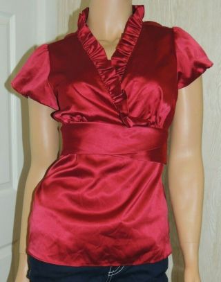 Ann Taylor Women ' s Silky Ruffled Ruby Red Tie Back Balloon Sleeves Blouse Top 4P 2