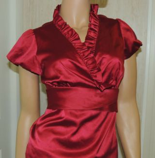 Ann Taylor Women ' s Silky Ruffled Ruby Red Tie Back Balloon Sleeves Blouse Top 4P 3