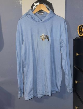 Rare Vintage Stussy Hologram Hoodie Men’s Lightweight Blue Pullover Sweatshirt