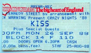 Kiss Rare Concert Ticket Crazy Nights Tour 1988 Birmingham England Lp