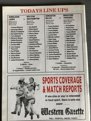 Wimbledon V Red Star/ Maidstone V Doncaster (ladies) (wfa Cup S/f 11/4/92) Rare