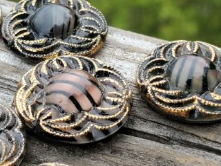 Vintage Round Moonglow Stripe Gold Accents Glass Cabochons Cabs Rare