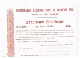 Consolidated External Debt Of Colombia 1896,  Lb 10,  Rare Specimen,  Vf