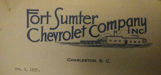 Rare 1937 Fort Sumter Chevrolet Letter,  Charleston,  Sc,  J.  J.  Altman,  Mgr. ,
