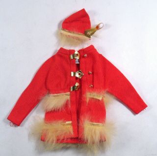 Rare 1960s Barbie Mod Gold & Fur Trimmed Red Coat & Hat.  Cut Trim Piece.