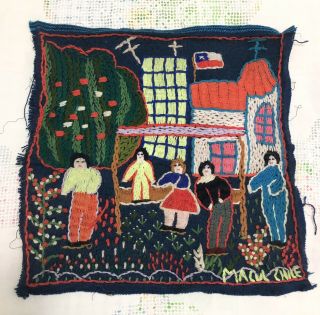 Rare Vintage Macul Chile Primitive Folk Art Embroidered Artwork Tapestry Textile
