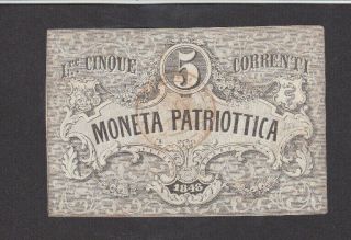 5 Lire Very Fine Crispy Banknote From Venice/italy 1848 Pick - S188 Rare