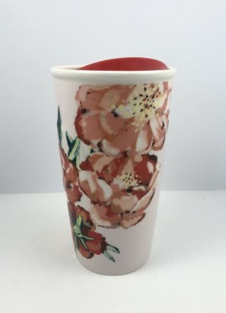 Starbucks 2015 Floral Red Flowers Ceramic Travel Mug Tumbler 10 Oz Red Lid Rare