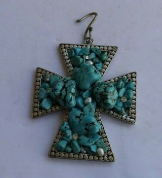 Rare Vintage Large 3.  25 " Turquoise Stone Pendant Cross Jewelry Mop Rocks Look Nr